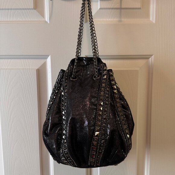 Imoshion 10"x 9" Studded Bucket Shoulder Chain Black Bag – Edgy Glam Rock Chic - Picture 2 of 13